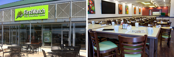 The exterior and interior of a new First Watch restaurant.