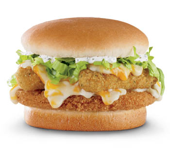 The Exploding Cheesy Chicken Sandwich ­has mozzarella cheese sticks and gooey white cheese sauce.