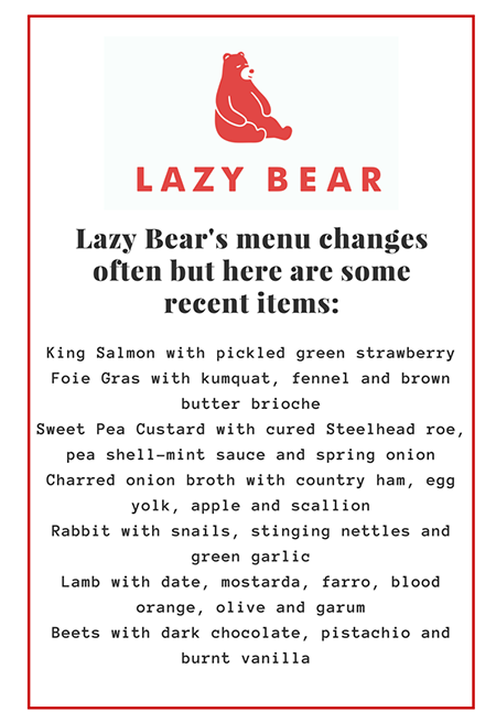 Lazy Bear menu items