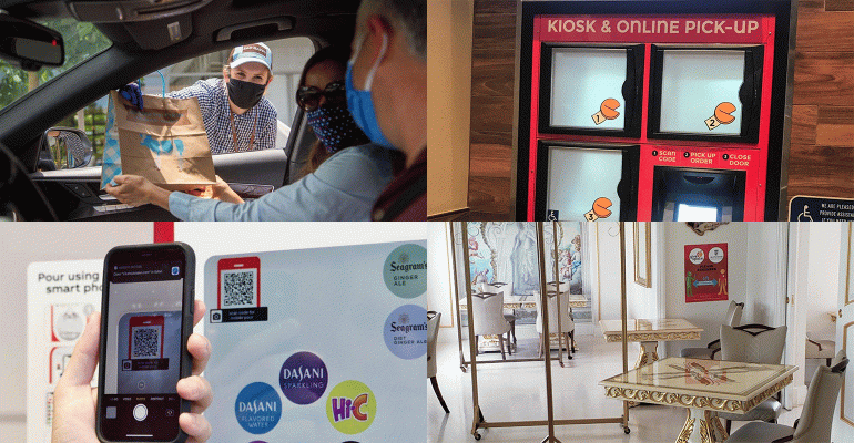 Mendocino Farms, Kiosks at a Panda Express, a dining room, a Coca-Cola Freestyle machine with contactless pour