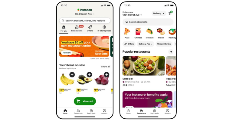 Screenshots of restaurants on Instacart