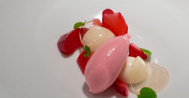 Poached rhubarb and rhubarb sherbet with angelica jelly from Storefront Company