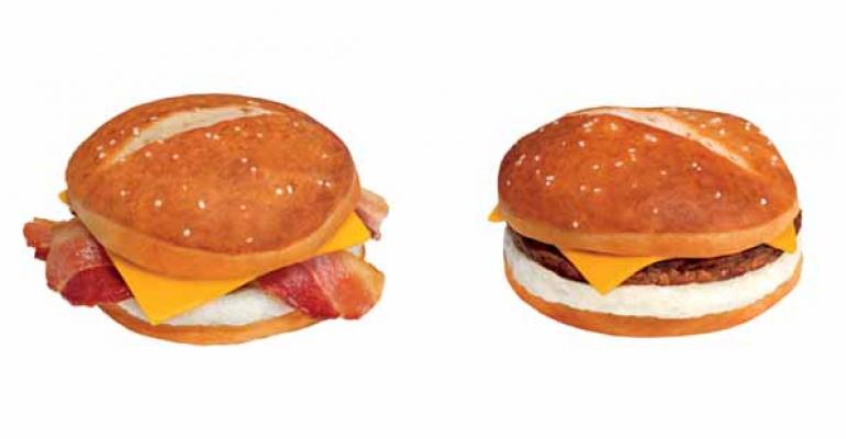 Auntie Annes eggandcheese breakfast sandwiches come with bacon left or sausage