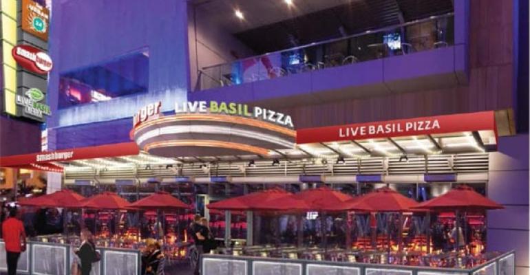 A rendering of Toms Urban 24 Smashburger and Live Basil Pizza at Los Angeles LA Live