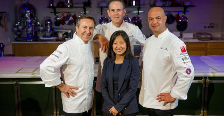 From left Chefs Daniel Boulud Thomas Keller and Jeacuterocircme Bocuse with ment39or BKB Foundation executive director Young Yun